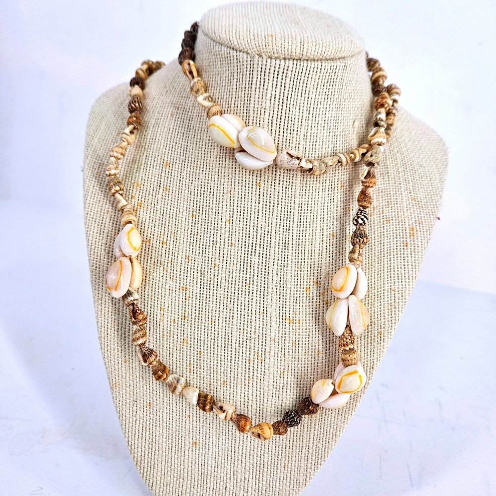 Vtg 80s Cowrie Shell Long Strand Necklace Layering Boho Stacking  Natural ~16"